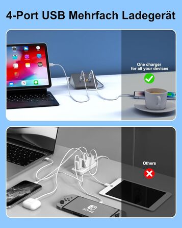 Багатопортова USB зарядка POANES 25W: зарядний станція на 4 порти для iPhone, Samsung, LG, Huawei та інших пристроїв (чорний/сірий)