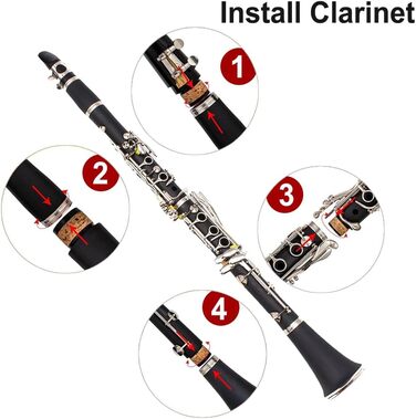 Професійна кларнет Yinfente Bb плоска, ебоніт, 2 фасольки, з чохлом, тканина, аксесуари (чорний)
