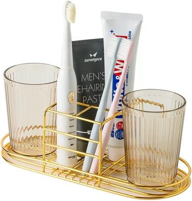 Toothbrush holder with cup, holder for electric toothbrush, toothpaste, stainless steel, bathroom stand or wall mount, with 2 cups (Gold)