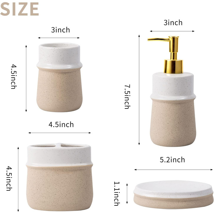 Набір аксесуарів для ванної кімнати в стилі фермерського дому, 4 шт., кераміка, подарунковий комплект, включає: стакан для зубної щітки, дозатор мила, мильниця, стакан, бежевий