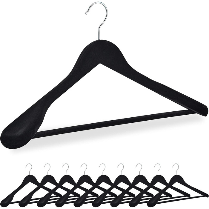 Relaxdays Velvet Clothes Hangers, 10-Piece Set, Wide Shoulders, Hanger with Trouser Bar, 360° Swivel Hook, Suit Hanger, Black