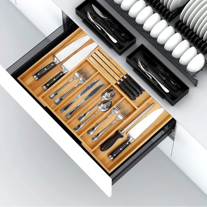 VaeFae Bamboo Cutlery Box for Drawers, Expandable Drawer Organizer Kitchen, Cutlery Insert for Drawers with Knife Block, Adjustable Wooden Cutlery Box