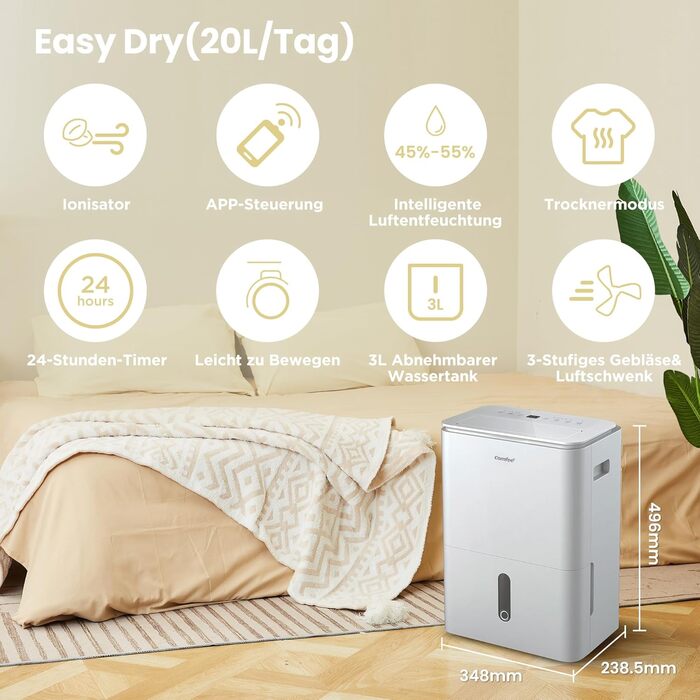 Зволожувач повітря Comfee 30л/24г, для квартири, ванної кімнати та підвалу, з таймером та іонізатором