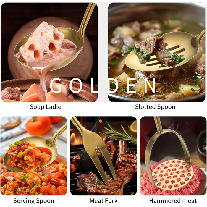 Набір кухонного інвентарю з нержавіючої сталі 304, 12 предметів: лопатки, шумівки, ложки, щипці, лопаточки, вінчики, кухонні щипці (безпечно мити в посудомийній машині) (сріблястий, золотий)
