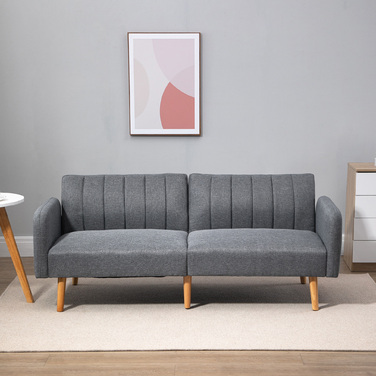 HOMCOM Sleeper Sofa, Convertible Sofa for 2 People, Sofa Bed with Sleeping Function, Linen-like Polyester, Rubber Wood, Grey, 173x75x73cm | Aosom