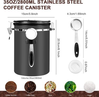 Герметичний контейнер для кави з нержавіючої сталі, 2,8 л, з CO2-вентилем та індикатором дати - для кавових зерен, кави, чаю, горіхів, какао, з мірною ложкою