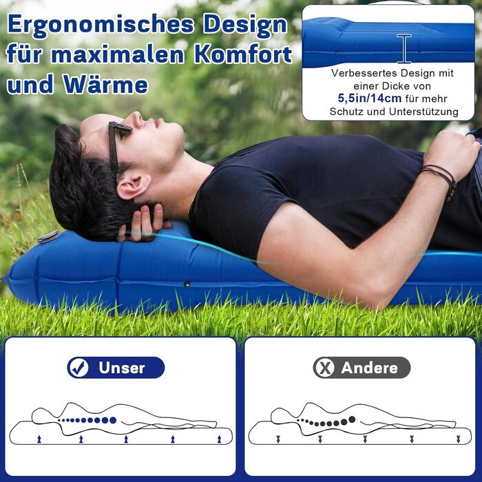 MILFECH Килимок для кемпінгу самонадувний, 14 см, з інтегрованими подушками та насосом для ніг, ультралегкий, водонепроникний, для відпочинку на природі, зелений (блакитний)