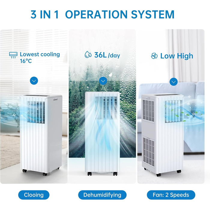 Мобільний кондиціонер 7000BTU/2.0kW: охолодження, вентиляція, осушення, до 68 м³