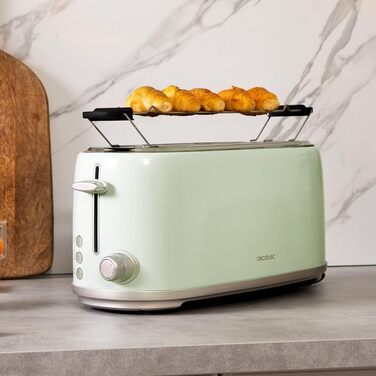 Тостер Cecotec Toast&Taste 1600 Retro Double Green: 4 слоти, 1630 Вт, нержавіюча сталь, регулювання потужності, піддон для крихт
