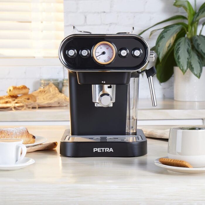 Petra Coffee Machine Barista Pro 1.5L, Semi-Automatic Espresso Machine with Milk Frother, Small Coffee Machine for Espresso & Cappuccino, Coffee Maker 15 Bar, 850W (3-in-1 Barista Coffee Machine)