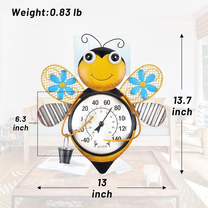 MUMTOP Thermometer for Indoor and Outdoor Use, Bee Design, Large, Wall Mountable, for Patio, Yard, Garden