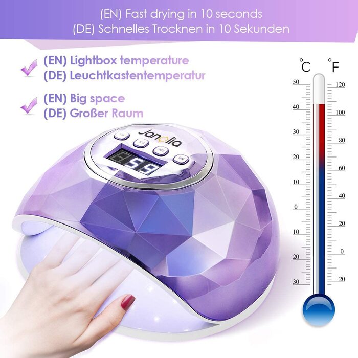 Лампа для сушіння нігтів Janolia 86W UV LED з сенсором та LCD дисплеєм для гель-лаку. Професійна лампа для нігтів з 4 таймером, підходить для гель-лаку.