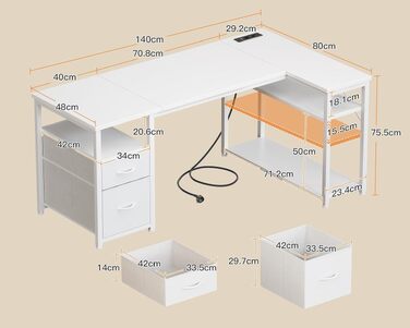 Ігровий кутовий стіл Coleshome з 2 шухлядами, 140×80 см, білий — комп'ютерний стіл для геймерів