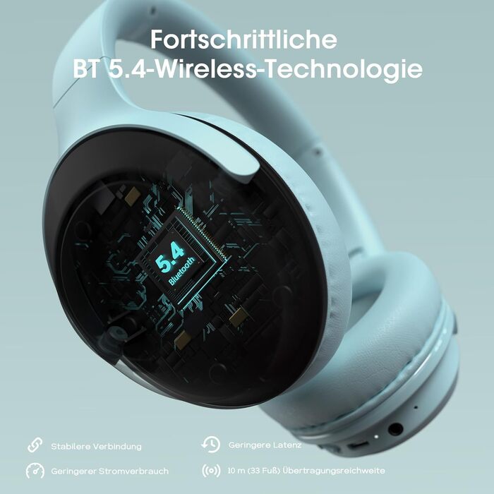 Бездротові навушники DOQAUS Bluetooth з тривалим часом роботи (70 годин), Over-Ear, Bluetooth 5.4, з кабелем, 3 режими EQ, HiFi стерео для подорожей/телефону/ПК (блакитні)