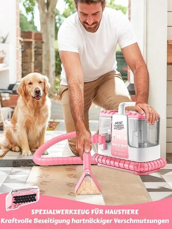 Портативний мийник для м'яких меблів 600W, 16Kpa, з розчином 500мл та 5 насадками. Для диванів, килимів, авто та сходин. Легкий та компактний, рожевий колір