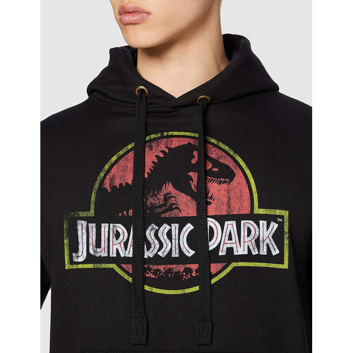 Чоловічий худі Jurassic Park чорного кольору з капюшоном та ефектом потертого логотипа, розмір S