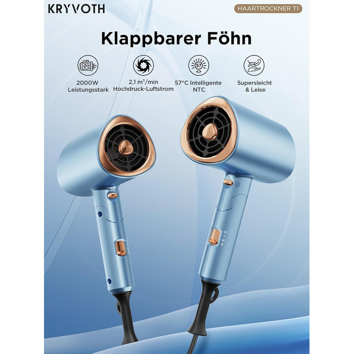 Складаний фен з іонізацією 2000 Вт, професійний, швидко сушильний, 2 швидкості, 3 режими нагріву, холодний струмінь, дифузор, концентратор, гребінці для укладки, для чоловіків та жінок, у подорожі