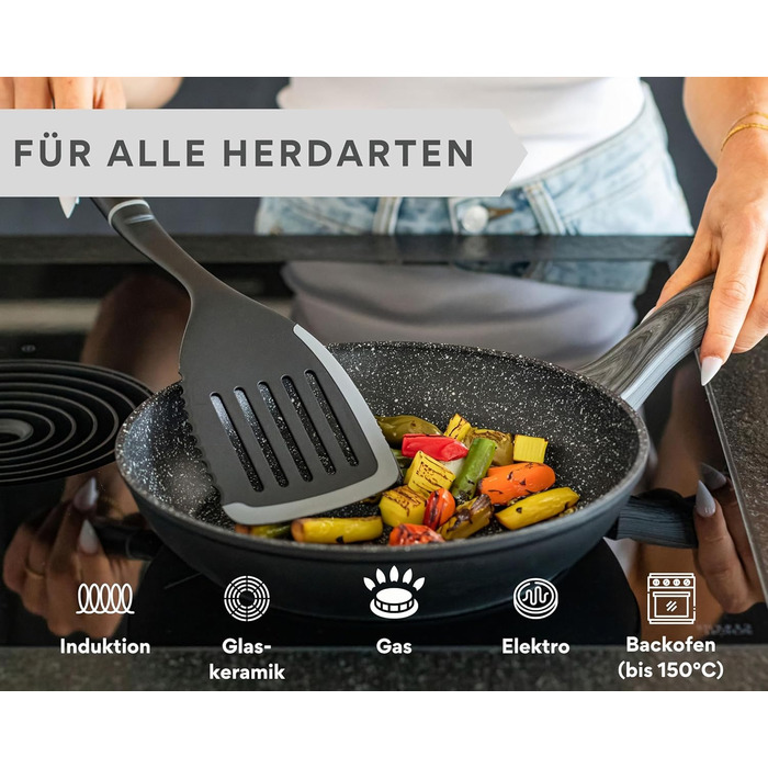 Набір сковорідок DIVORY 3 шт. (20, 24, 28 см) з антипригарним покриттям для всіх плит, включаючи індукційні. Безпечні ручки, придатні для миття в посудомийній машині. Ручки з імітацією сірого дерева.