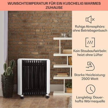 Електричний масляний радіатор Klarstein Thermaxx 2500 - опалення, 2500 Вт, 5-35°C, LED-дисплей, таймер, ролики, білий/чорний