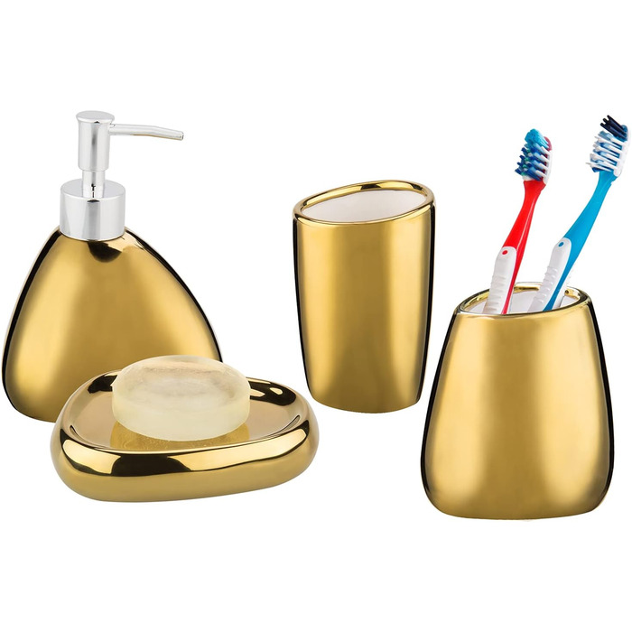 Набір аксесуарів для ванної кімнати MyGift (4 шт) з кераміки: дозатор мила, попільничка, тримач для зубних щіток, мильниця, золото