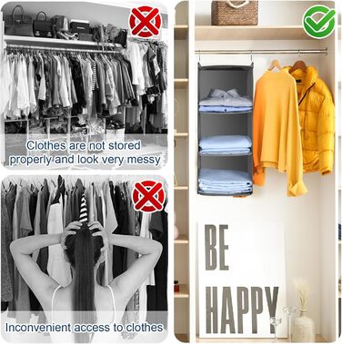 Органайзер для шафи AiQInu з 3 відділеннями, підвісний, бамбуковий, сірий (з гачками)