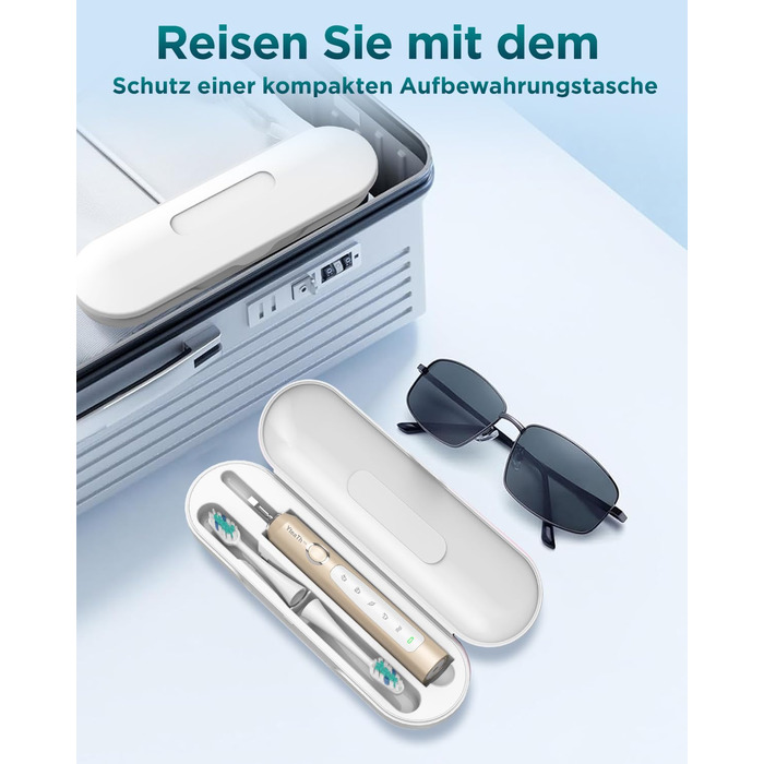 Електрична звукова зубна щітка для дорослих з 8 насадками та кейсом для подорожей, 5 режимів, водонепроникна IPX7, до 90 днів роботи від акумулятора (Золота)