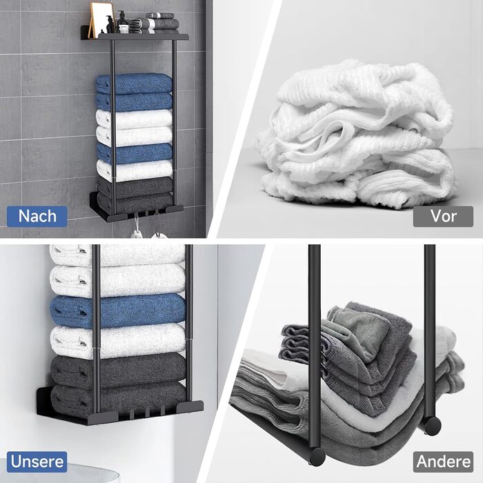 Danclit Towel Holder No Drilling, Carbon Steel Double Self-Adhesive Black Towel Hooks for Bathroom Kitchen