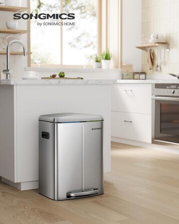 SONGMICS Відро для сміття 40 л з 2 відсіками (2 x 20 л), металевий третемер з пластиковим внутрішнім відром, Softclose, герметичний, білий LTB40WT (срібний)