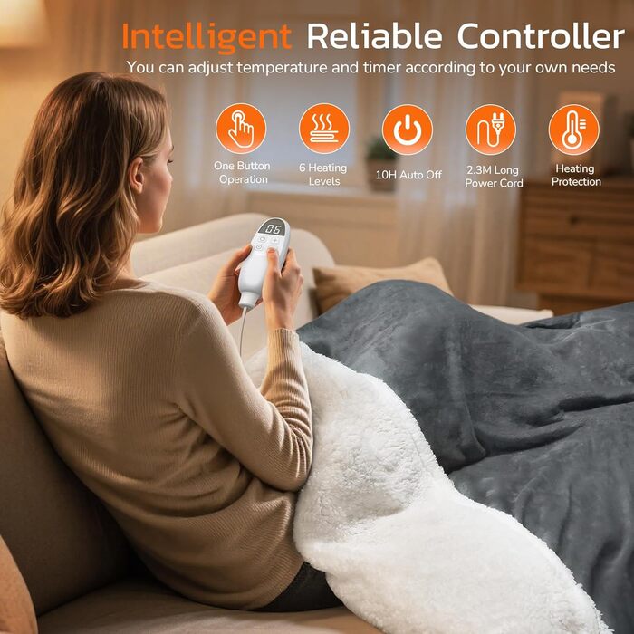 Електрична ковдра PRANITE 180x130 см з Sherpa та Flanell, 6 режимів нагріву, таймер 10 годин, автовимкнення, захист від перегріву, придатна для прання – сіра для ліжка та дивана