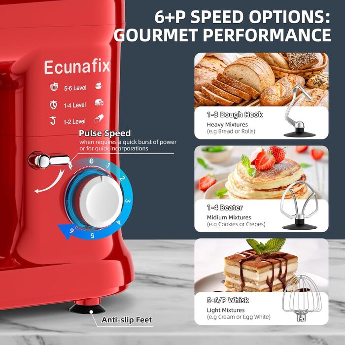 Кухонна машина для замішування тіста 2000W з чашею 6.5л з нержавіючої сталі, 6 швидкостей, з міксером, гаком для тіста, вінчиком та захистом від бризок (червона)