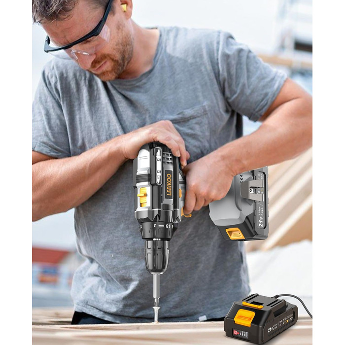 Акумуляторний шуруповерт LEEIKOO 21V, 42N.m, 2.0Ah, 10mm, 18+1, 20шт, LED, сірий