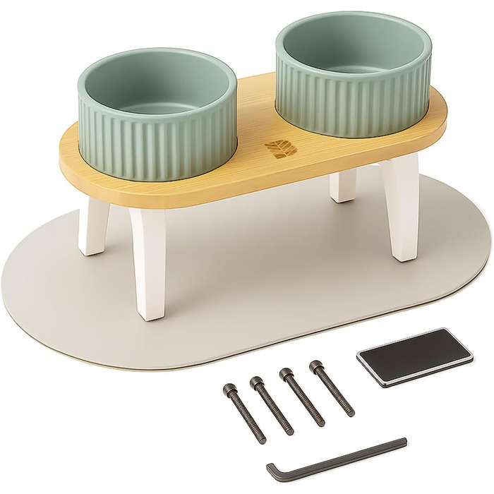 Миска для собак BELMIN з підняттям – миска для води та корму для собак – піднята миска для корму для великих собак і котів – 2 регульовані висоти – миска для собак з кераміки з бамбуковим підставкою – неслизький килимок