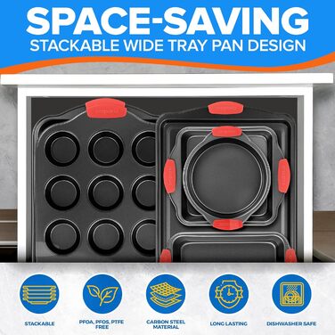 Набір форм для випічки Emporio Kitchen – антипригарне покриття, набір форм для випічки з вуглецевої сталі з силіконовими ручками, без PFOA, PFOS, PTFE, рецептурник в комплекті, деко для випічки (чорний, набір з 8 штук)