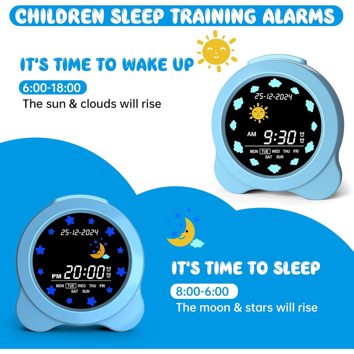 SENXINGYAN Kids Alarm Clock, Alarm Clock for Children with Sun & Moon LED Display, Day & Date Display, Sleep Trainer for Kids with Night Light & Sleep Sounds, Cute Alarm Clock for Kids Room