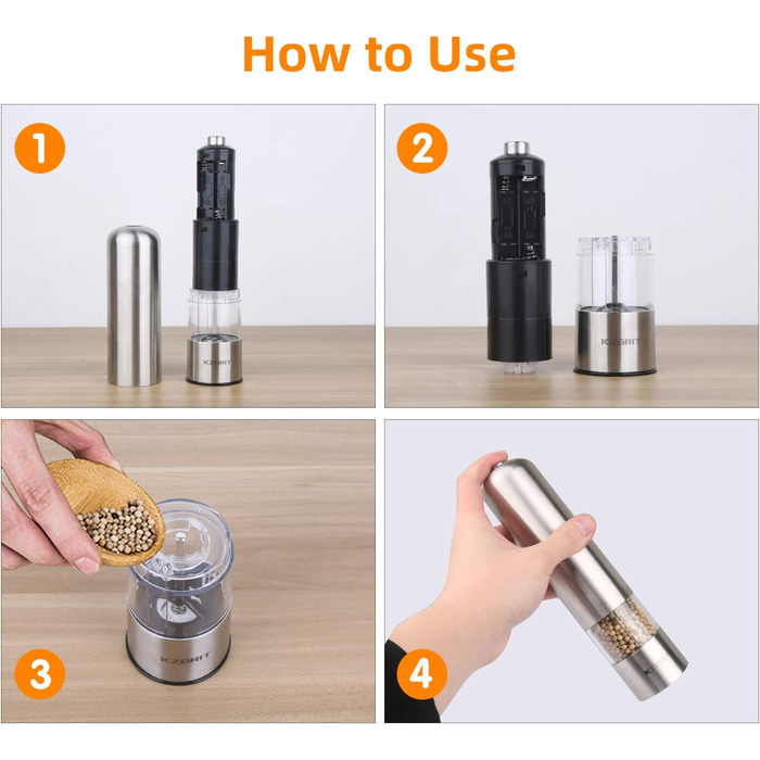 Електричні мельниці для солі та перцю (2 шт.) з LED-підсвіткою, керамічні жорна, регулювання помелу, нержавіюча сталь