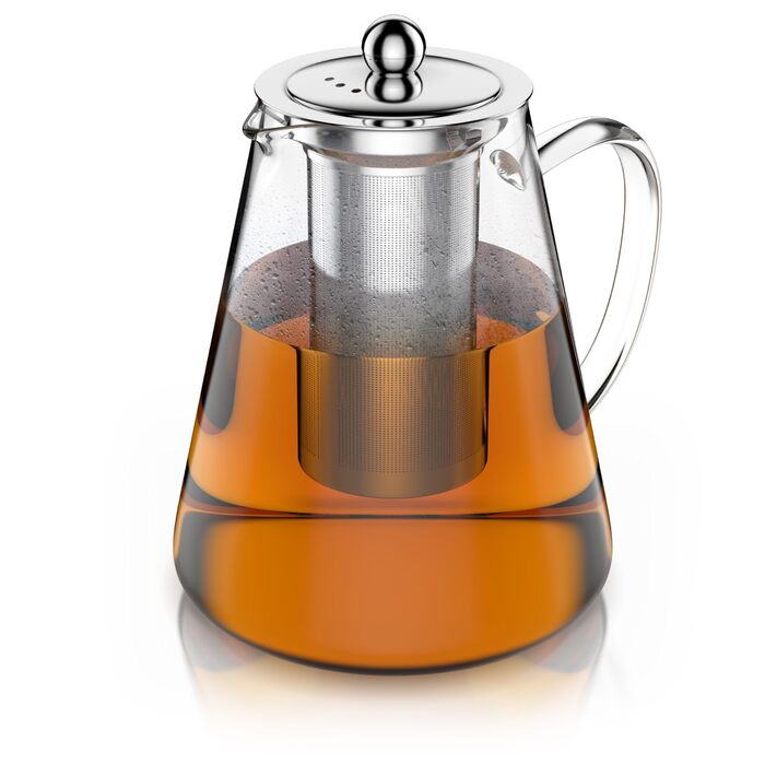 Чайник скляний Arendo з ситом 1200 мл – з боросилікатного скла, нержавіюча сталь, сито дрібного плетіння, термостійкий, для листового чаю, трав'яного чаю, фруктового чаю, чайник-заварник, довговічний