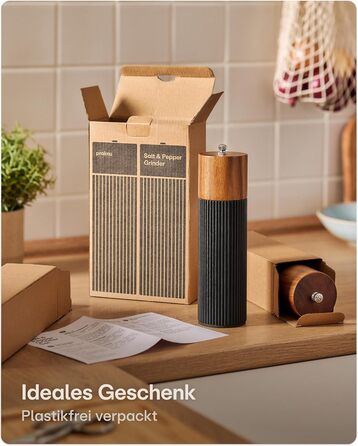 Набір для солі та перцю Praknu з акації FSC® з керамічним жорном – безступеневе регулювання та довговічність – для перцю та солі – дерев'яна млинка для спецій – набір млинок для солі та перцю – чорний – великий