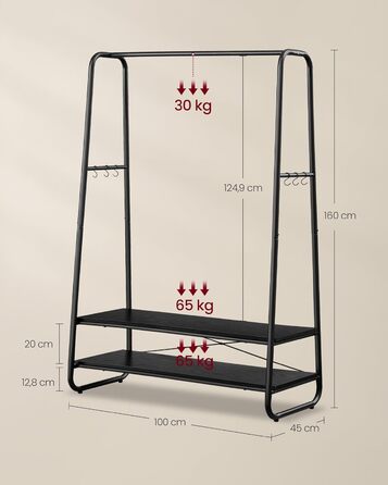 VASAGLE Clothes Rack, Coat Stand, Coat Rack, 2 Shelves, 6 S-Shaped Hooks, Steel Frame, for Bedroom, Hallway, Entrance Area, Cloud White-Matte White RGR112W02 (Ebony Black-Matte Black)