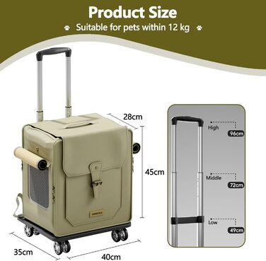 Рюкзак для тварин Galatée з колесами, візок для домашніх тварин, сумка для подорожей з собакою з знімними колесами, рюкзак для собак з вентиляційними вікнами з сітки (зелений)