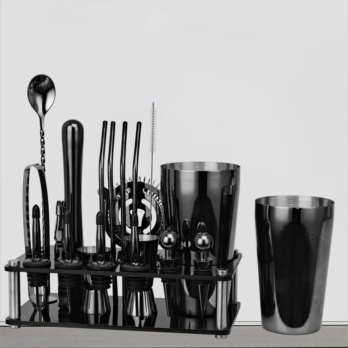 Набір для коктейлів Hansum, 20 предметів, нержавіюча сталь, чорний – професійний барменський набір зі стійкою