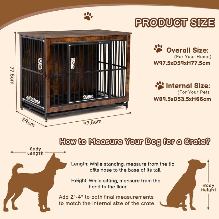 Дерев'яний вольєр для собак з двома дверцятами, міцний вольєр-будка для великих, середніх та малих собак, знімний піддон, 97.5 x 97.5x59x77.5 см
