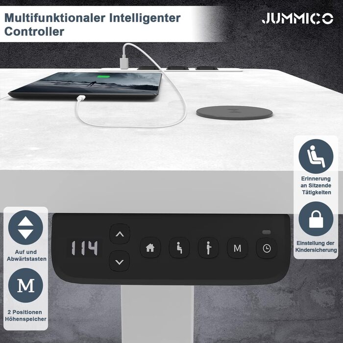 Електричний регульований стіл JUMMICO 140x70 см з бездротовою зарядкою, USB та євро-розеткою, сірої кольору – письмовий стіл для роботи стоячи та сидячи