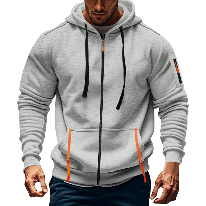 Світшот з капюшоном Aulemen для чоловіків з блискавкою, лангрукав, slim fit, декілька кишень, для повсякденного носіння та спорту, сірий, 3XL
