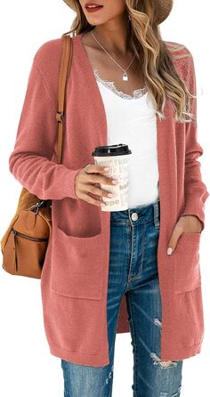 Кардиган жіночий Saodimallsu трикотажний, довгий, легкий, однотонний, з кишенею, темно-рожевий, розмір M