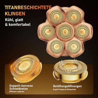 Професійний електричний стайлер для гоління голови 7D PRO Glatzen Rasierer для чоловіків. Водонепроникний (IPX6), з плаваючою головкою, акумулятор 1400mAh, швидкість 8800RPM, золота головка, USB-C, 0 мм