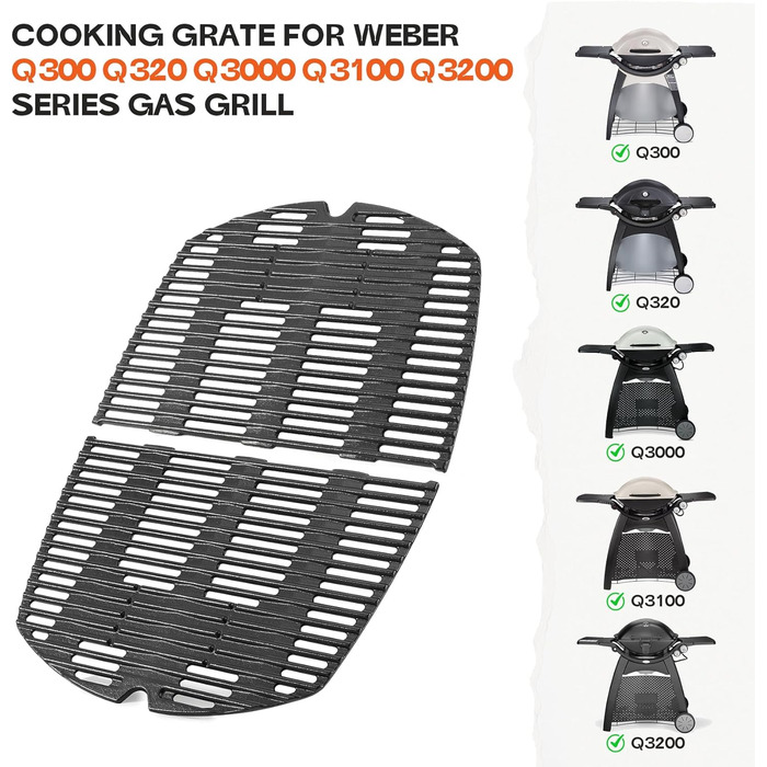 Решітка для гриля Weber Q300, Q320, Q3000, Q3100, Q3200 Onlyfire - чавун, заміна 7646 (2 шт.)