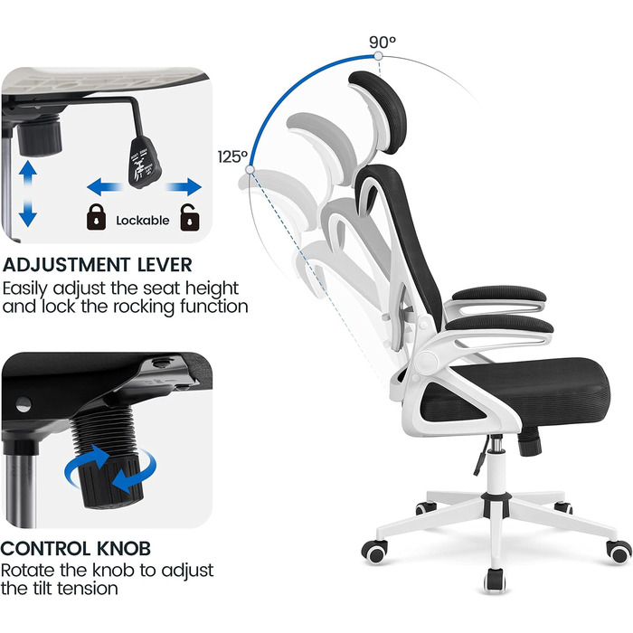 Ергономічне крісло Yaheetech для офісу, крісло до комп'ютерного столу з підйомними підлокітниками, обертове крісло зі спинкою та регульованою підголівником, крісло для начальника з функцією гойдання, до 136 кг, білий/чорний