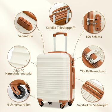 Набір валіз COOLIFE 6 шт: дорожній набір 16', 20', 24', 28' + сумка для подорожей та туалетна сумка | ABS, 360° колеса, TSA-замок для Європи, круїзів та навчання за кордоном – необхідний дорожній набір для сімейного відпочинку, білий/коричневий