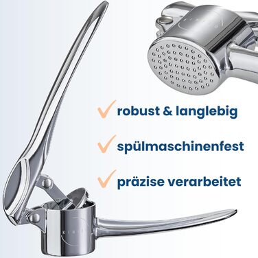 Прес для часнику з нержавіючої сталі - міцний та ергономічний, для зручного подрібнення часнику. Виготовлений з масивного цинкового лиття, підходить для миття в посудомийній машині.