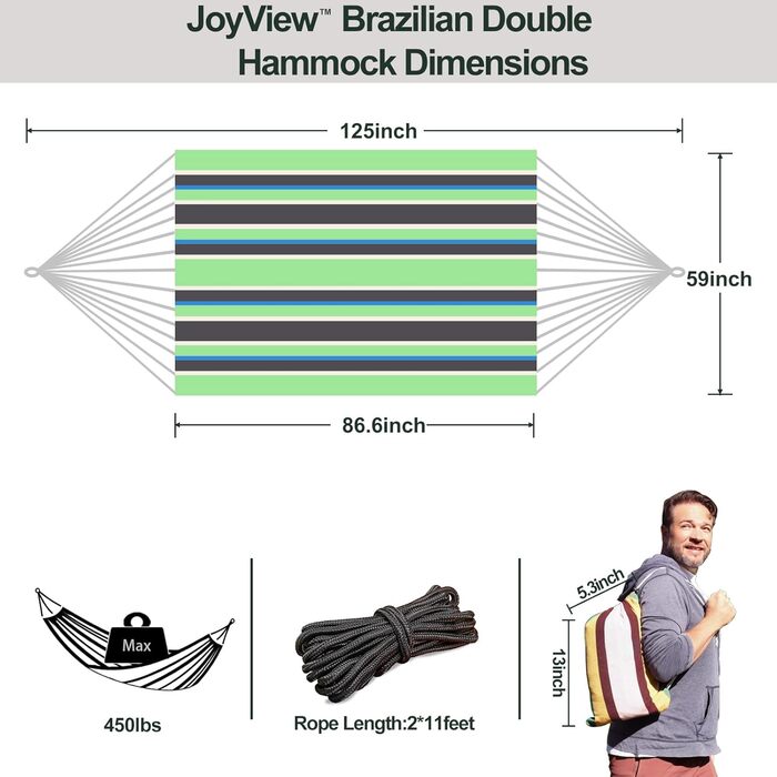 Гамак подвійний бразильський JoyView, 220x150 см, бавовна, смугастий зелено-чорний, до 204 кг, для тераси, саду, відпочинку